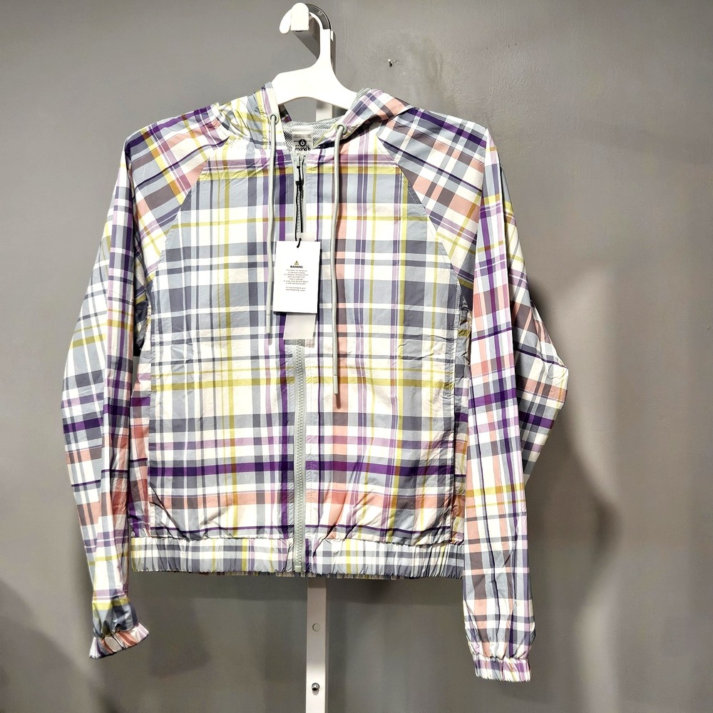 NWT  Women's Size S Mono B Pastel Plaid Hooded Windbreaker Zip Close Mesh Lining